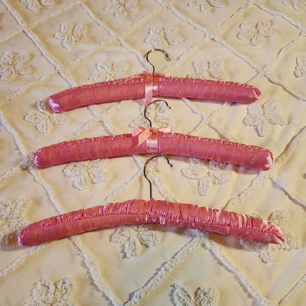 Fabric Padded Clothes Hangers Satin Soft Pink Material Three Count 14.25